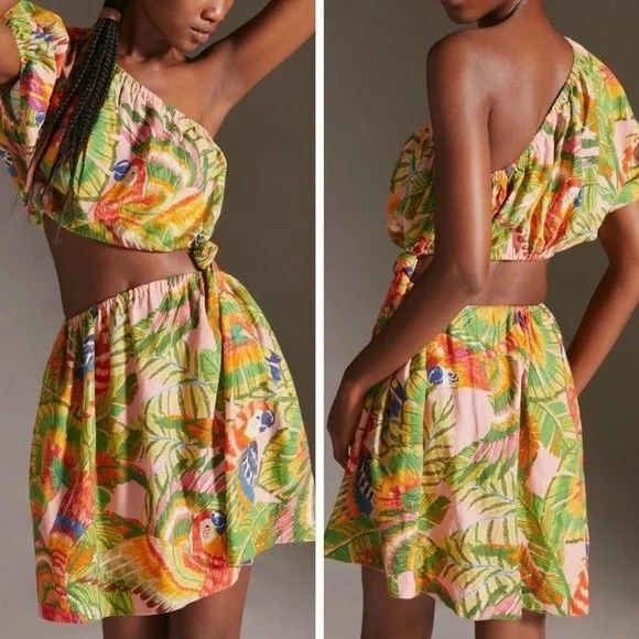 FARM Rio Size S Macaw Leaves Cutout Waist One Shoulder Linen Blend Dress NEW - Picture 1 of 11